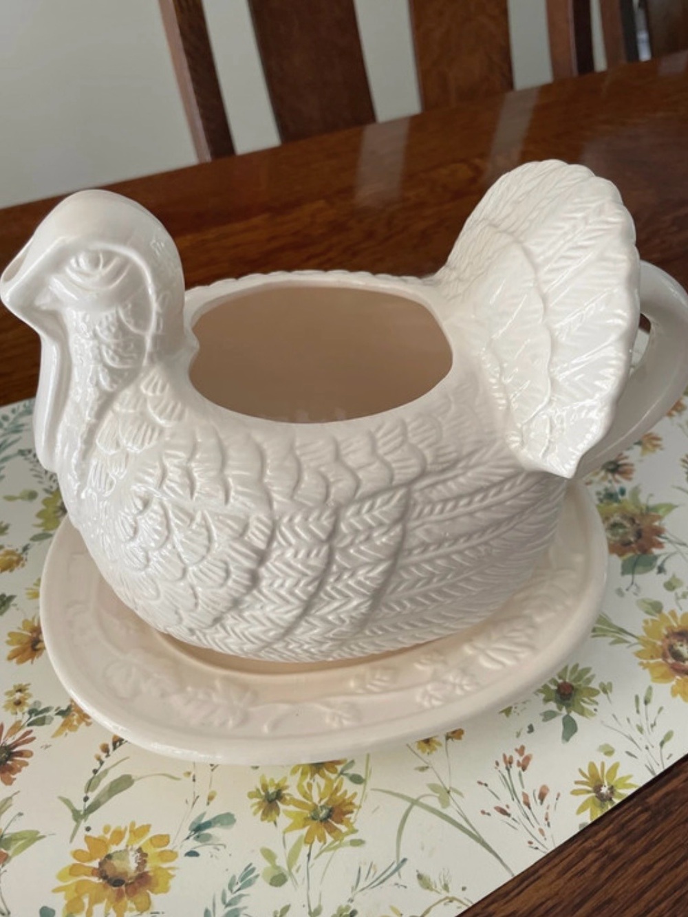 Vtg Ceramic Turkey Gravy Boat with Saucer/Drip Plate, Fall Thanksgiving Planter